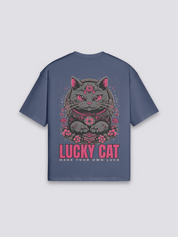 Maneki Neko T-Shirt mit Lucky-Cat-Glückskatze, japanischer Wohlstands-Druck, oversize Baumwolle, Nahaufnahme des Drucks