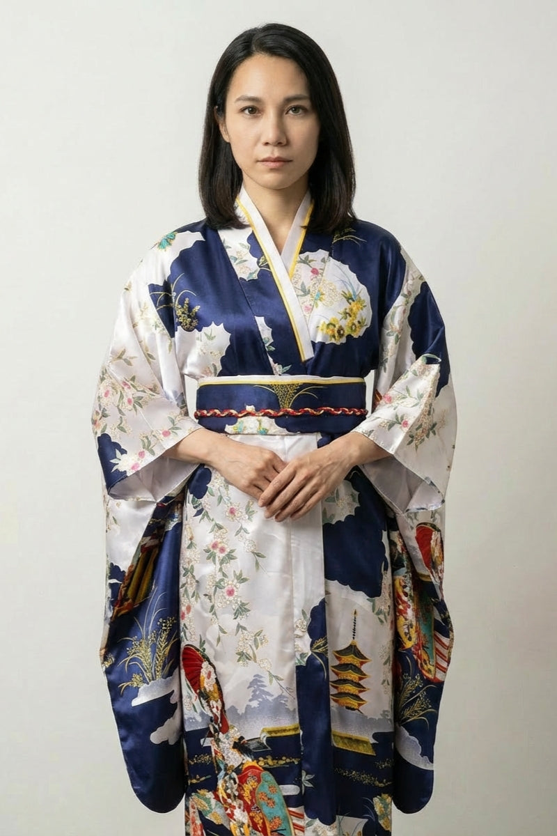 Marineblauer Japanischer Kimono 'Edoko' – japanischer Damen-Kimono mit Obi, Ukiyo-e, Pagoden und Geishas, Vorderansicht