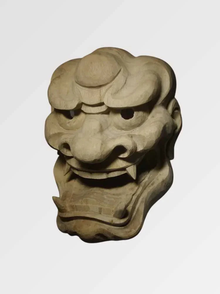 Maske im japanischen Stil Hanshu – Shishi-Löwen-Wächtermaske aus hellem Holz, Detailaufnahme