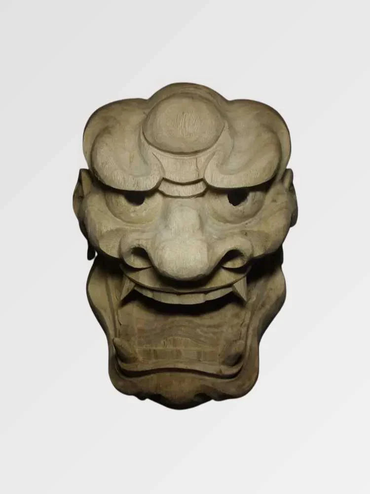 Maske im japanischen Stil Hanshu – Shishi-Löwen-Wächtermaske aus hellem Holz, Gesamtansicht