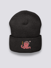 Oktopus-Beanie – Beanie, gestickter Kawaii-Takoyaki-Oktopus mit Hachimaki, Detailaufnahme der Stickerei