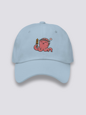 Oktopus-Cap – japanische Cap, gestickter Kawaii-Takoyaki-Oktopus mit Hachimaki, Detailaufnahme der Stickerei