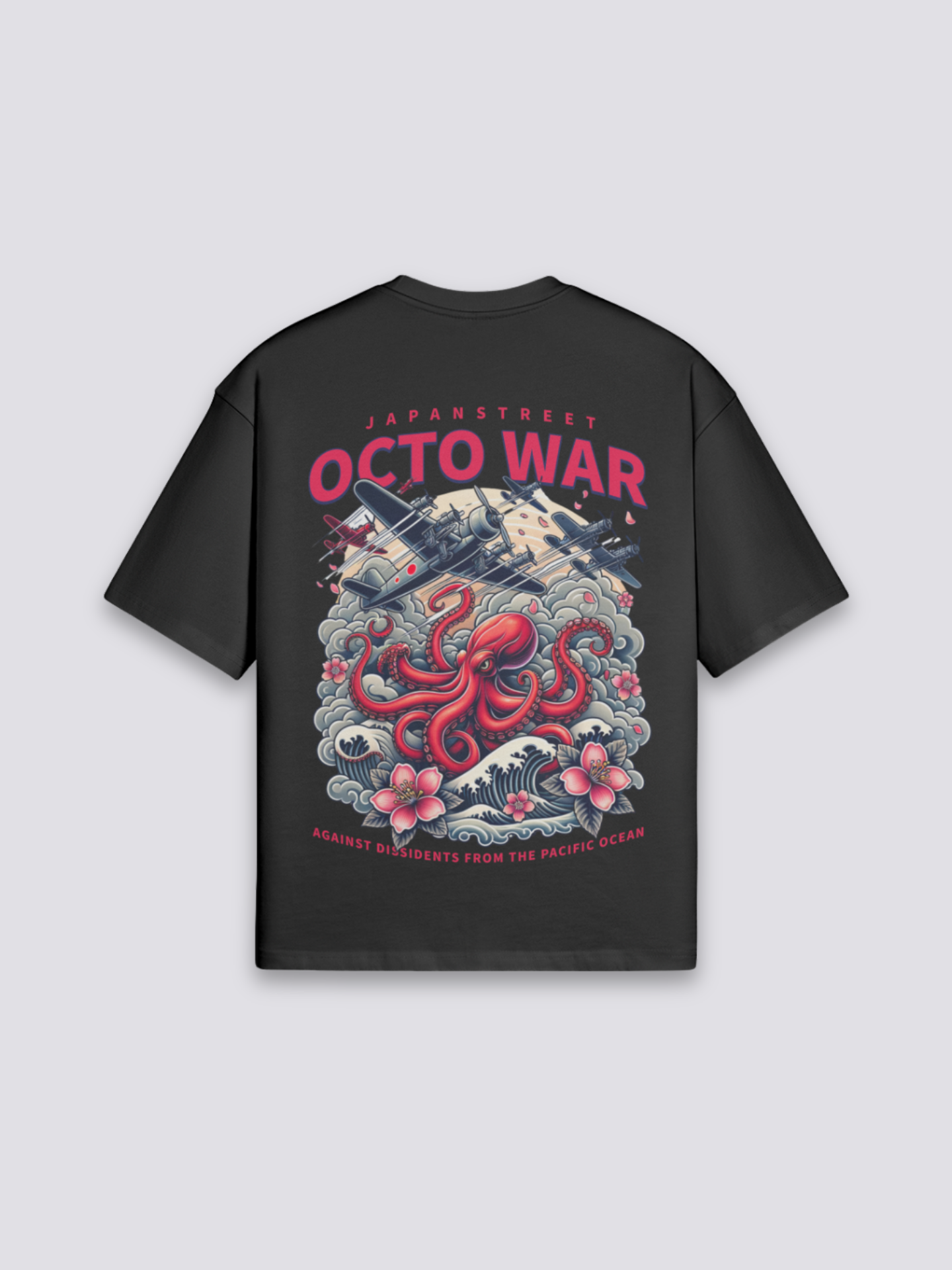 Oktopus T-Shirt mit Kraken in den Wellen, japanischer Octo-War-Druck, oversize Baumwolle, Detailansicht des Motivs