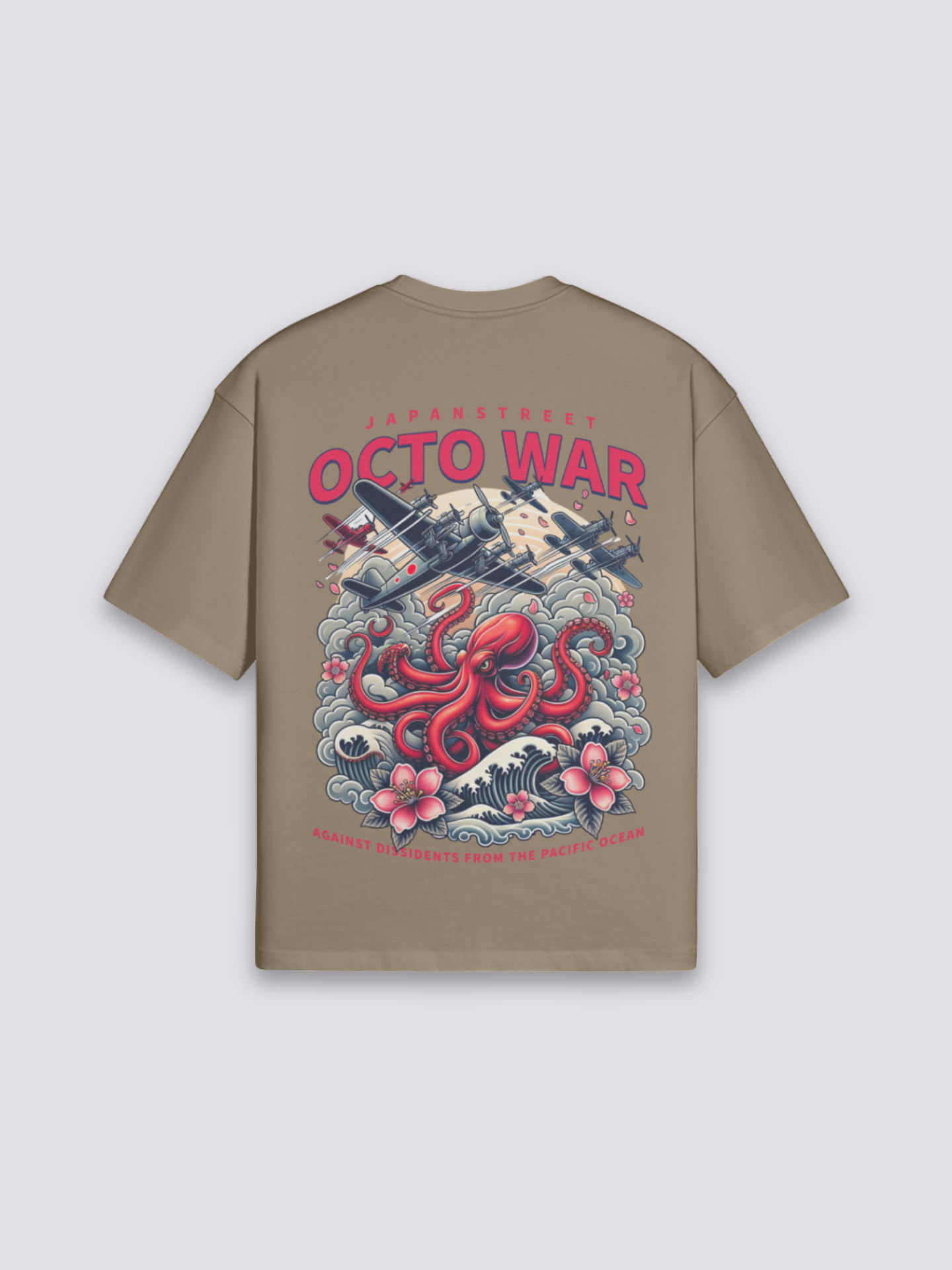 Oktopus T-Shirt mit Kraken in den Wellen, japanischer Octo-War-Druck, oversize Baumwolle, Nahaufnahme des Drucks