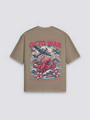 Oktopus T-Shirt mit Kraken in den Wellen, japanischer Octo-War-Druck, oversize Baumwolle, Nahaufnahme des Drucks
