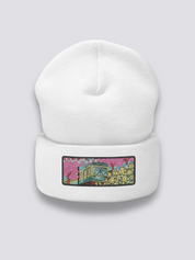 Old School Japanische Beanie – Beanie, gestickter Vintage-Zug mit Blumenfeldern, Seitenansicht