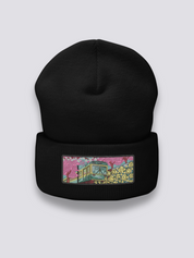 Old School Japanische Beanie – Beanie, gestickter Vintage-Zug mit Blumenfeldern, Detailaufnahme der Stickerei