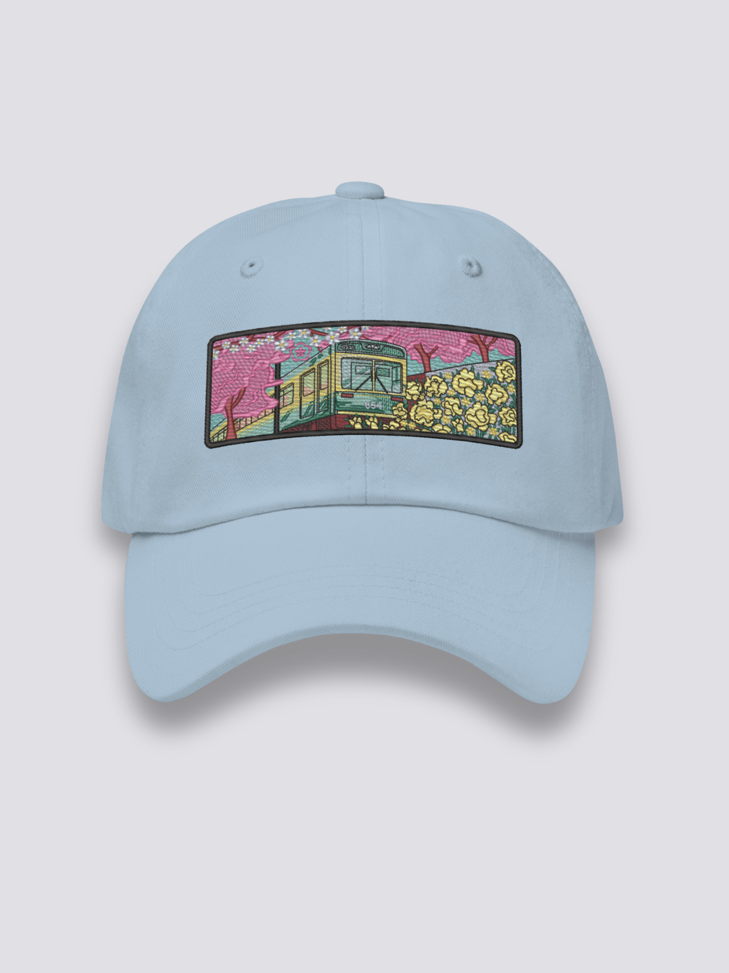 Old School Japanische Cap – japanische Cap, gestickter Vintage-Zug mit Blumenfeldern, Detailaufnahme der Stickerei