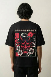 Oni-Masken-T-Shirt mit Hannya-Maske des Nō-Theaters, japanischer Streetwear-Druck, oversize, Vorderansicht