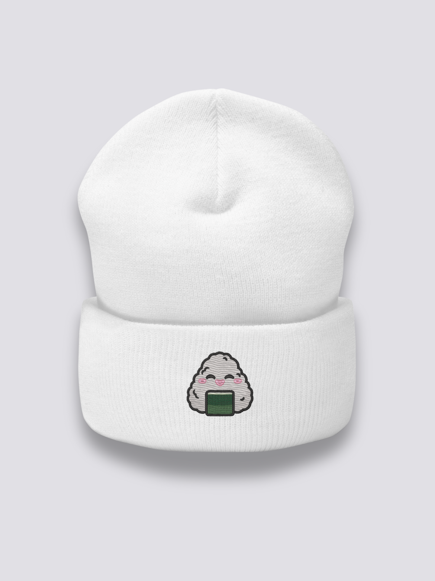 Onigiri-Beanie – Beanie, gestickter Kawaii-Onigiri-Reisball, Detailaufnahme der Stickerei