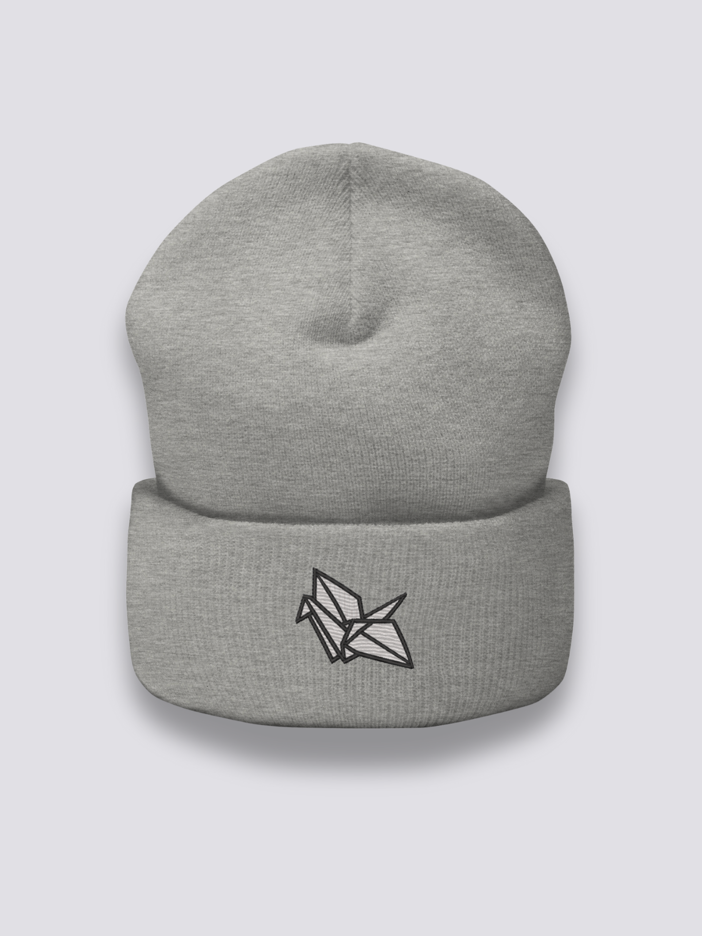 Origami-Beanie – Beanie, gestickter geometrischer Origami-Kranich, Vorderansicht