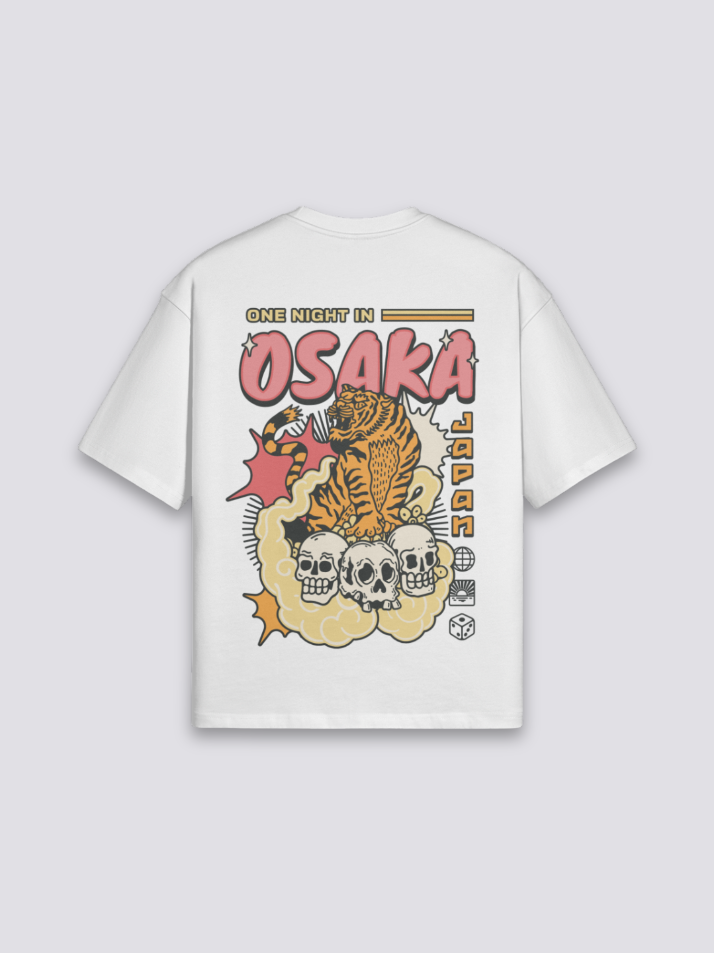Osaka T-Shirt mit Tiger und Schädel, nächtlicher Kansai-Druck, oversize Baumwolle Streetwear, Rückenansicht mit Rückendruck