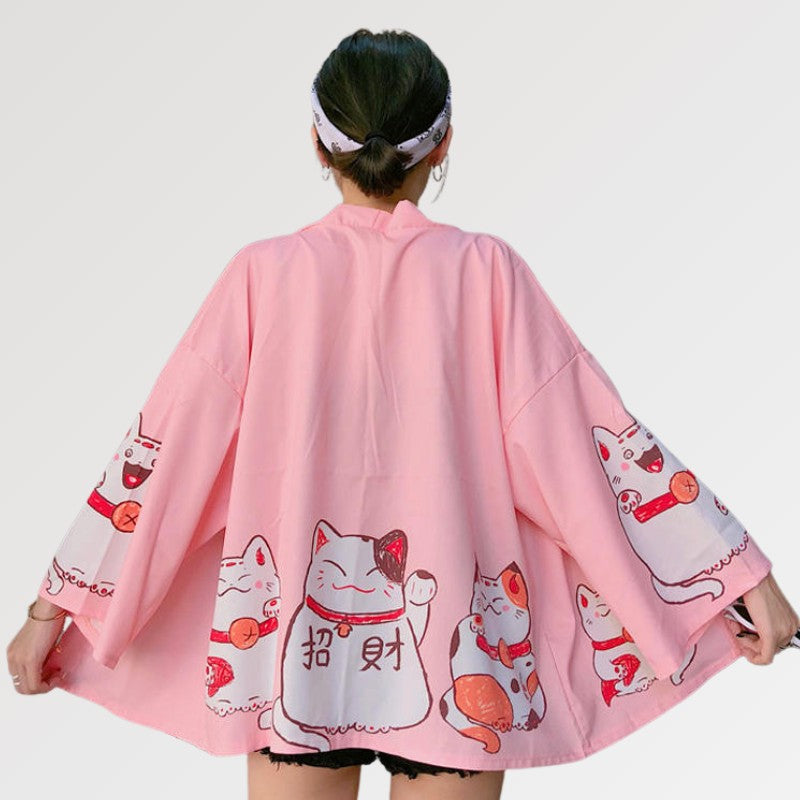 Rosa Kimono-Strickjacke 'Maneki Neko' – Kimono im traditionellen japanischen Stil für Herren und Damen