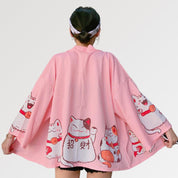 Rosa Kimono-Strickjacke 'Maneki Neko' – Kimono im traditionellen japanischen Stil für Herren und Damen