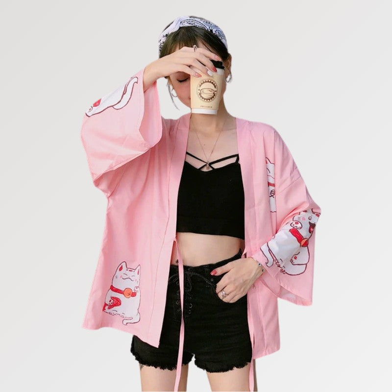 Rosa Kimono-Strickjacke 'Maneki Neko' – Kimono für traditionelle Anlässe, Premium-Qualität