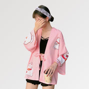 Rosa Kimono-Strickjacke 'Maneki Neko' – Detail: lange Ärmel, Kimono japanischen Stil