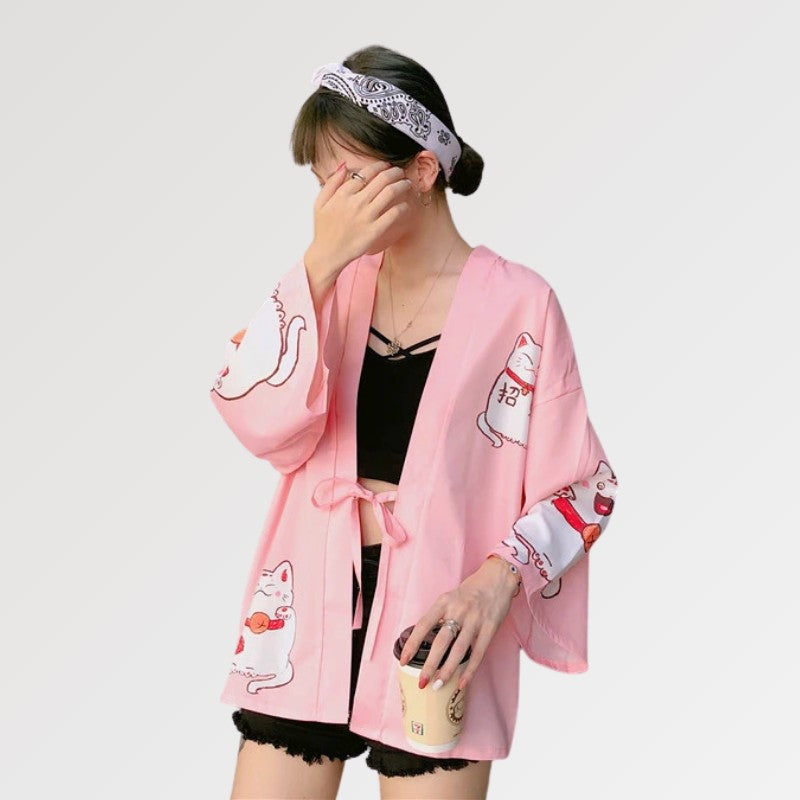 Rosa Kimono-Strickjacke 'Maneki Neko' – Detail: lange Ärmel, Kimono japanischen Stil