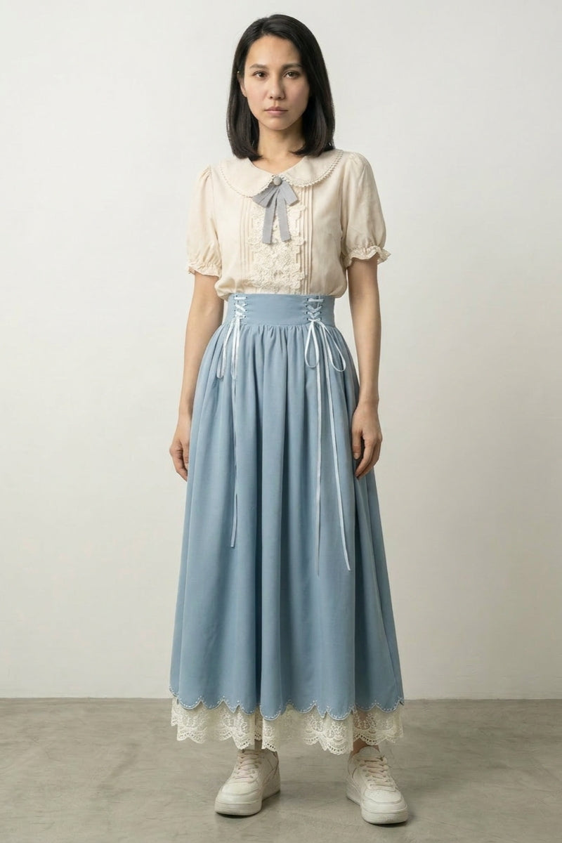 Puderblaues Midi-Kleid 'Asahana' – japanisches Damenkleid, Taishō-Set, Bubikragen und puderblauer Korsettrock, Vorderansicht