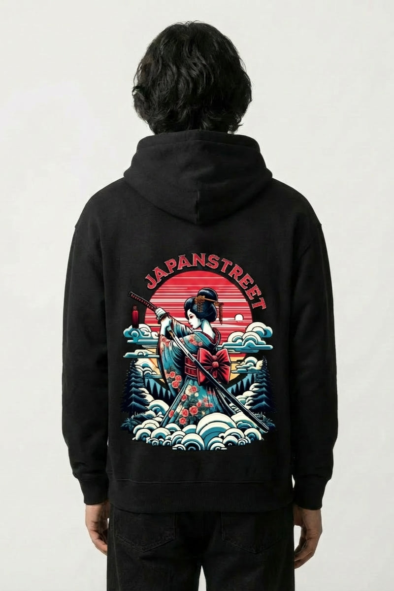 Japanischer Kapuzenpulli mit Druck - げいしゃ – Studioaufnahme Rückseite