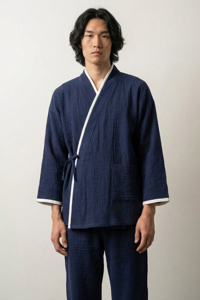 Marineblauer japanischer Herren-Pyjama 'Shironami'