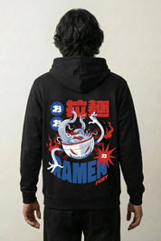 Ramen-Hoodie mit Nudelschale und entfesselter Drache, Rückenansicht des oversize Streetwear-Hoodies