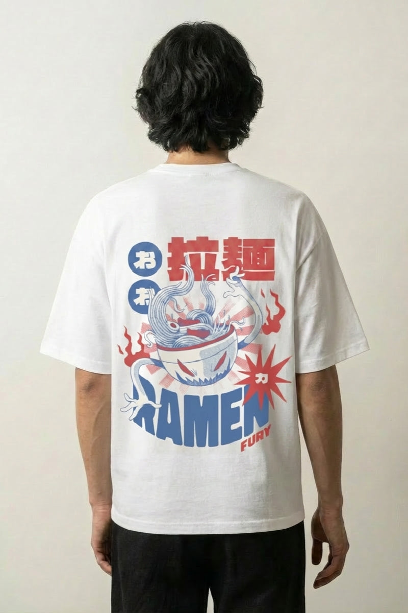 Ramen Life T-Shirt mit Nudelschale und entfesseltem Drachen, Action-Manga-Druck, oversize, Vorderansicht