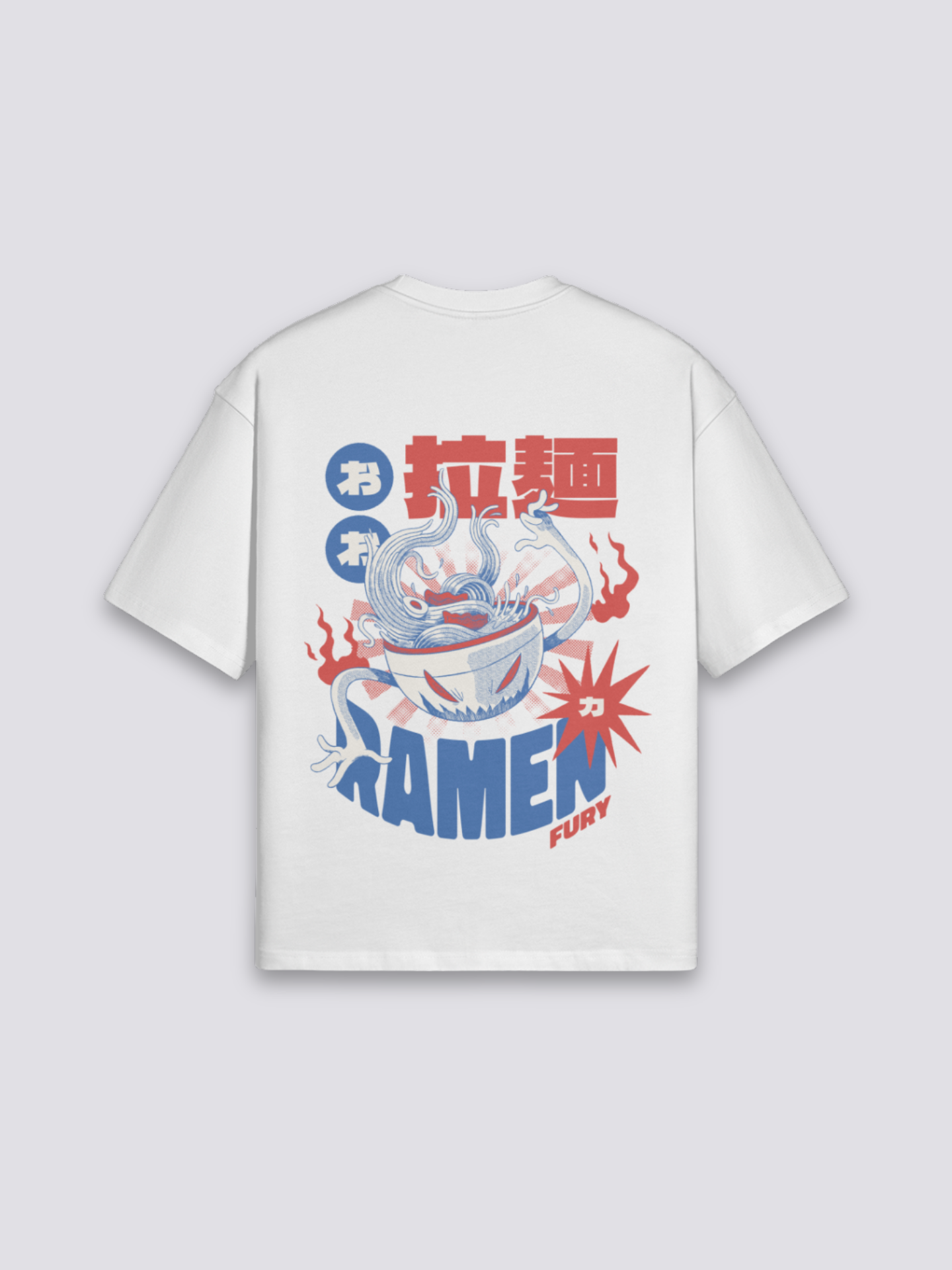 Ramen Life T-Shirt mit Nudelschale und entfesseltem Drachen, Action-Manga-Druck, oversize, Rückenansicht mit Rückendruck