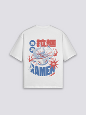 Ramen Life T-Shirt mit Nudelschale und entfesseltem Drachen, Action-Manga-Druck, oversize, Rückenansicht mit Rückendruck