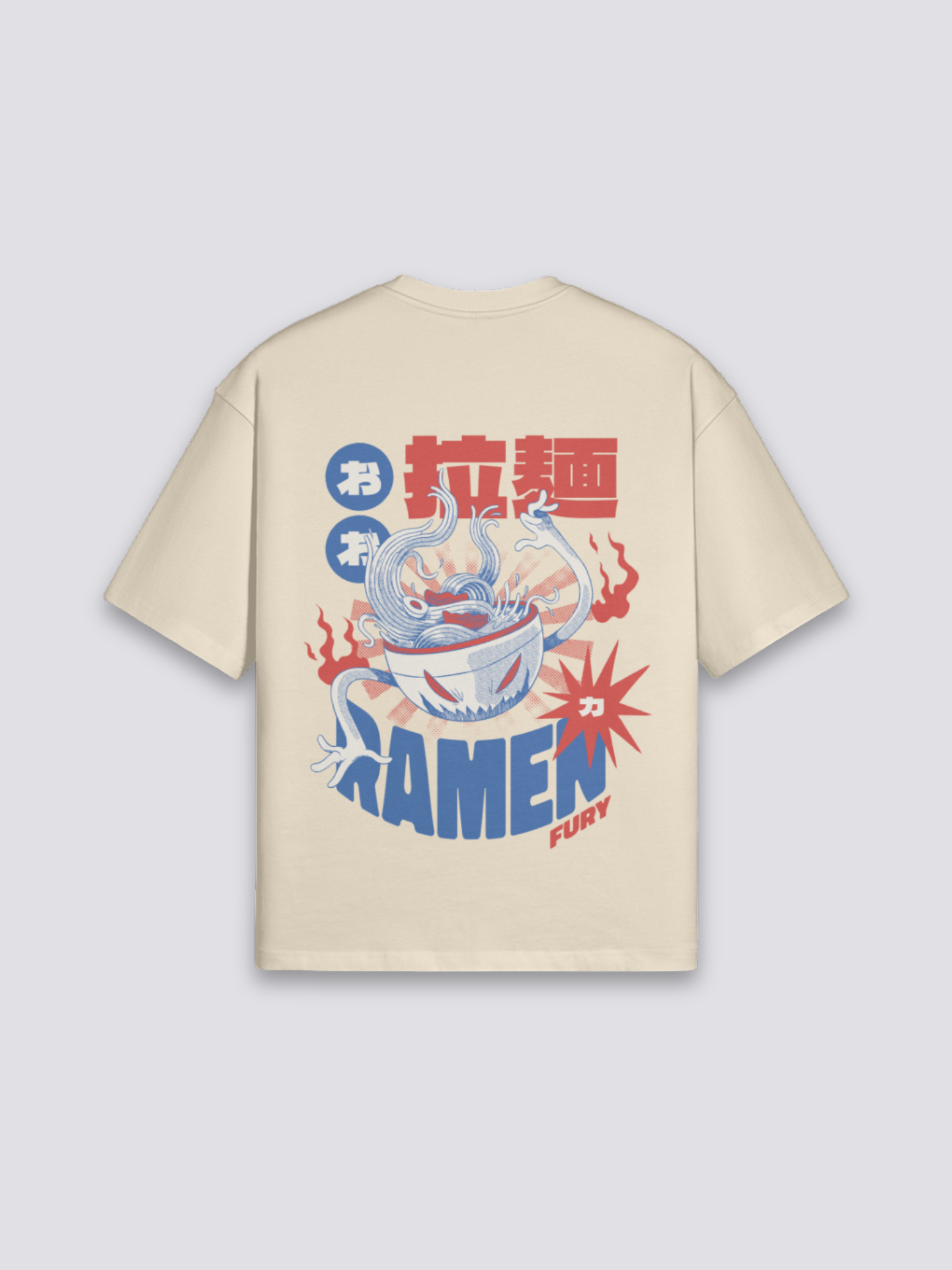 Ramen Life T-Shirt mit Nudelschale und entfesseltem Drachen, Action-Manga-Druck, oversize, Detailansicht des Motivs