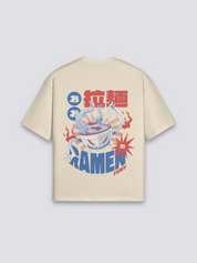 Ramen Life T-Shirt mit Nudelschale und entfesseltem Drachen, Action-Manga-Druck, oversize, Detailansicht des Motivs