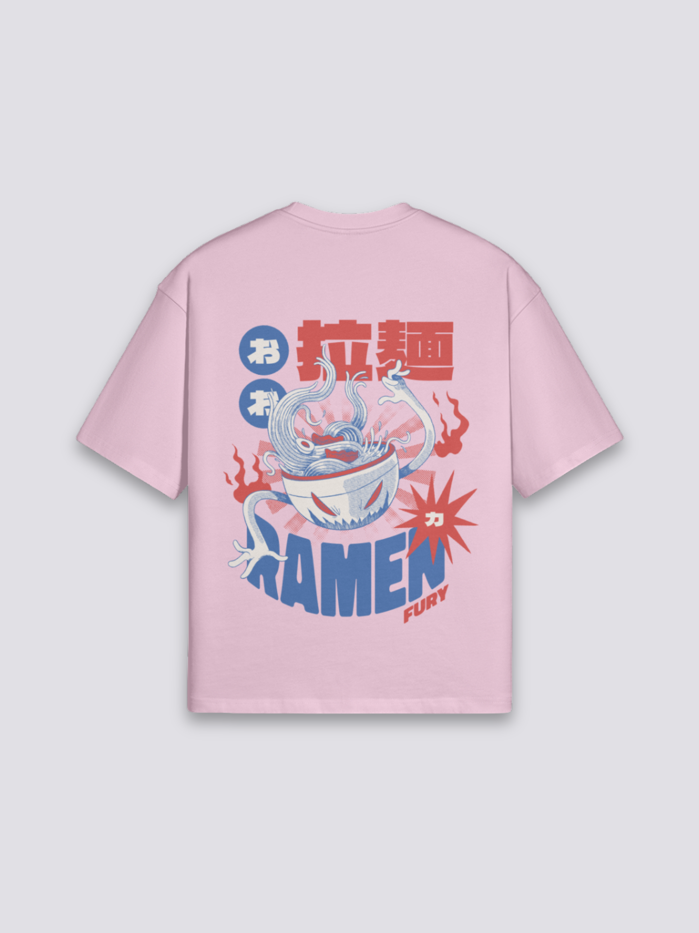 Ramen Life T-Shirt mit Nudelschale und entfesseltem Drachen, Action-Manga-Druck, oversize, seitliche Ansicht