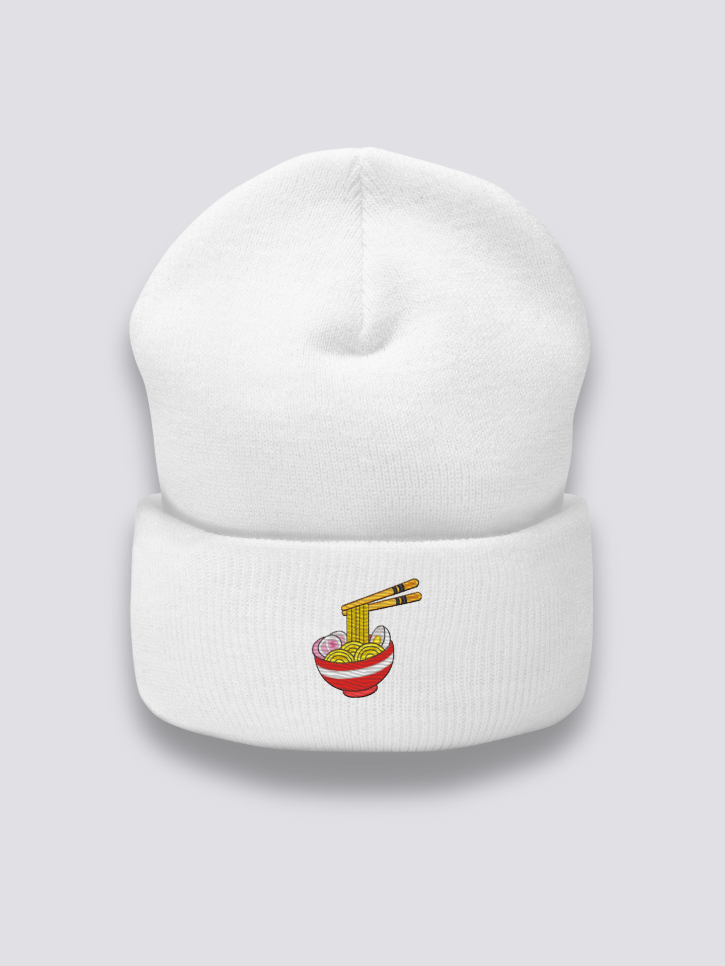 Ramen-Schale-Beanie – Beanie, gestickte dampfende Ramen-Schale mit Naruto, Detailaufnahme der Stickerei