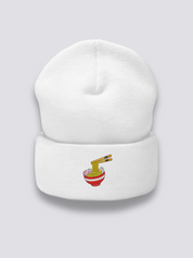 Ramen-Schale-Beanie – Beanie, gestickte dampfende Ramen-Schale mit Naruto, Detailaufnahme der Stickerei