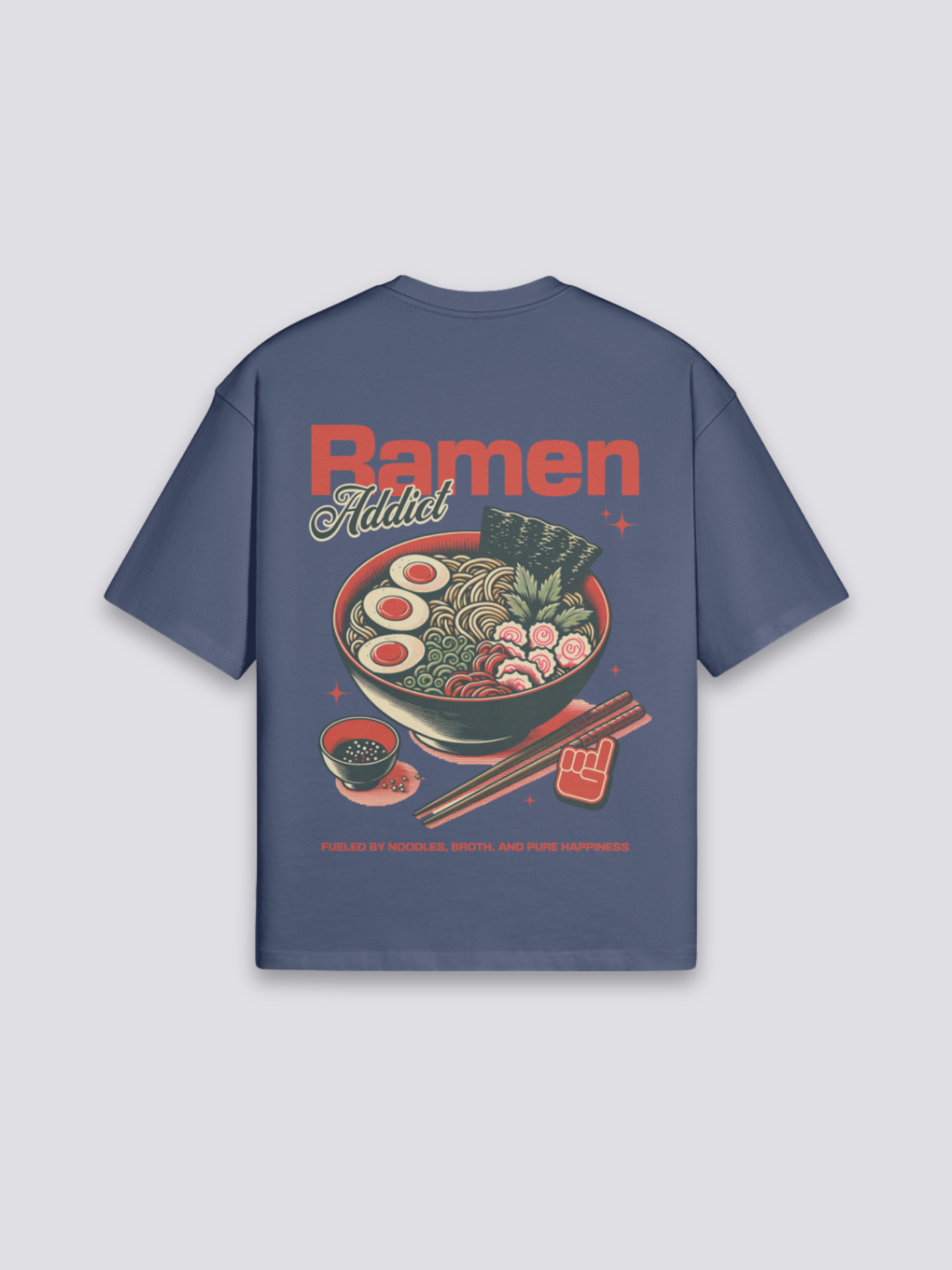 Ramen T-Shirt mit dampfender Nudelschale, japanischer Street-Food-Druck, oversize Baumwolle, Nahaufnahme des Drucks