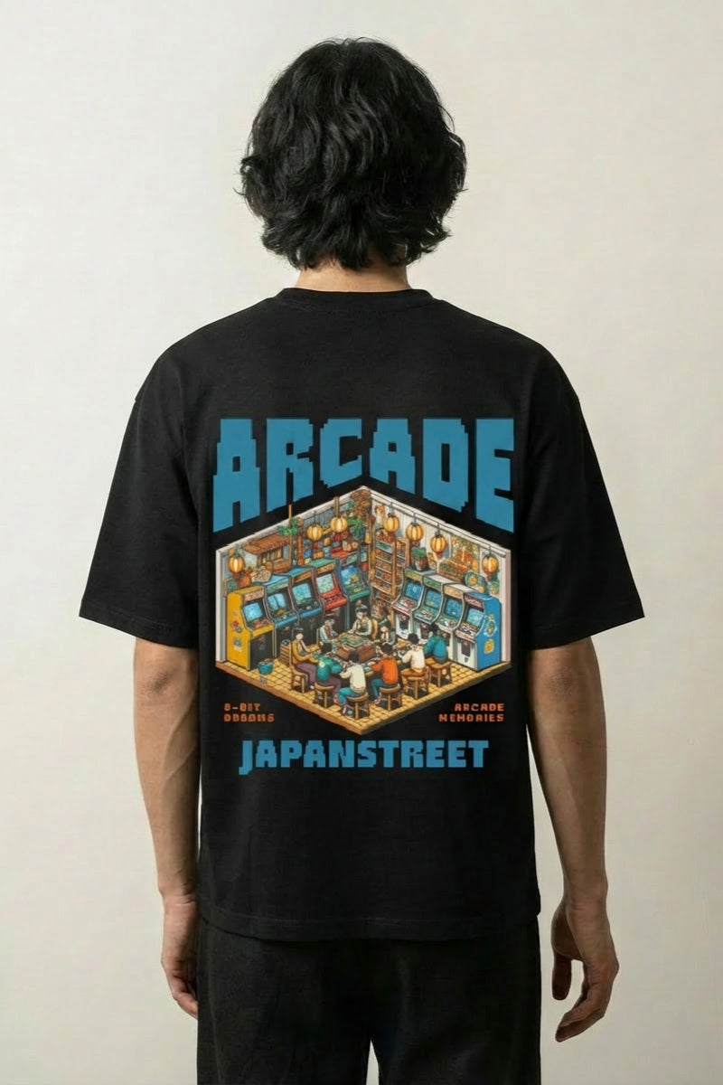 Retro Gaming T-Shirt mit 8-Bit-Spielhalle, nostalgischer Pixel-Druck, oversize Baumwolle, Vorderansicht