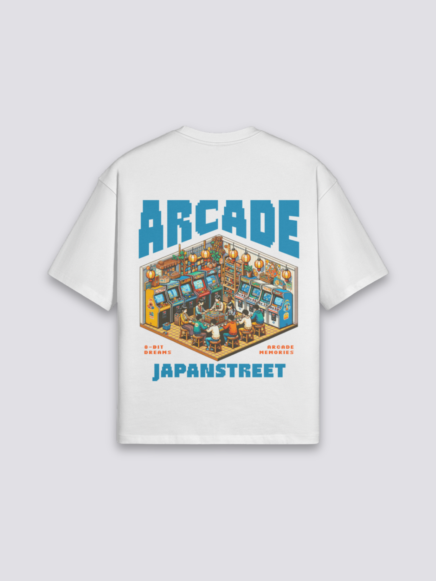 Retro Gaming T-Shirt mit 8-Bit-Spielhalle, nostalgischer Pixel-Druck, oversize Baumwolle, Rückenansicht mit Rückendruck