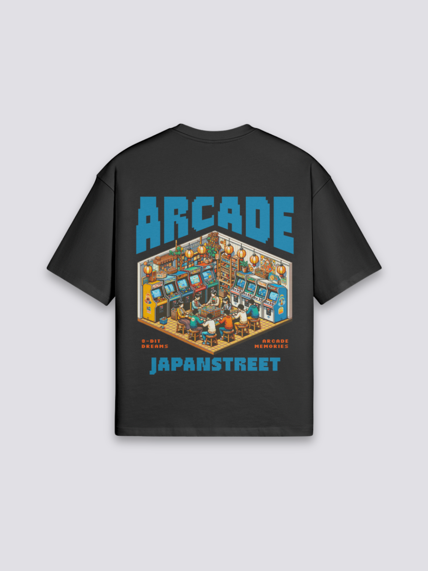 Retro Gaming T-Shirt mit 8-Bit-Spielhalle, nostalgischer Pixel-Druck, oversize Baumwolle, seitliche Ansicht