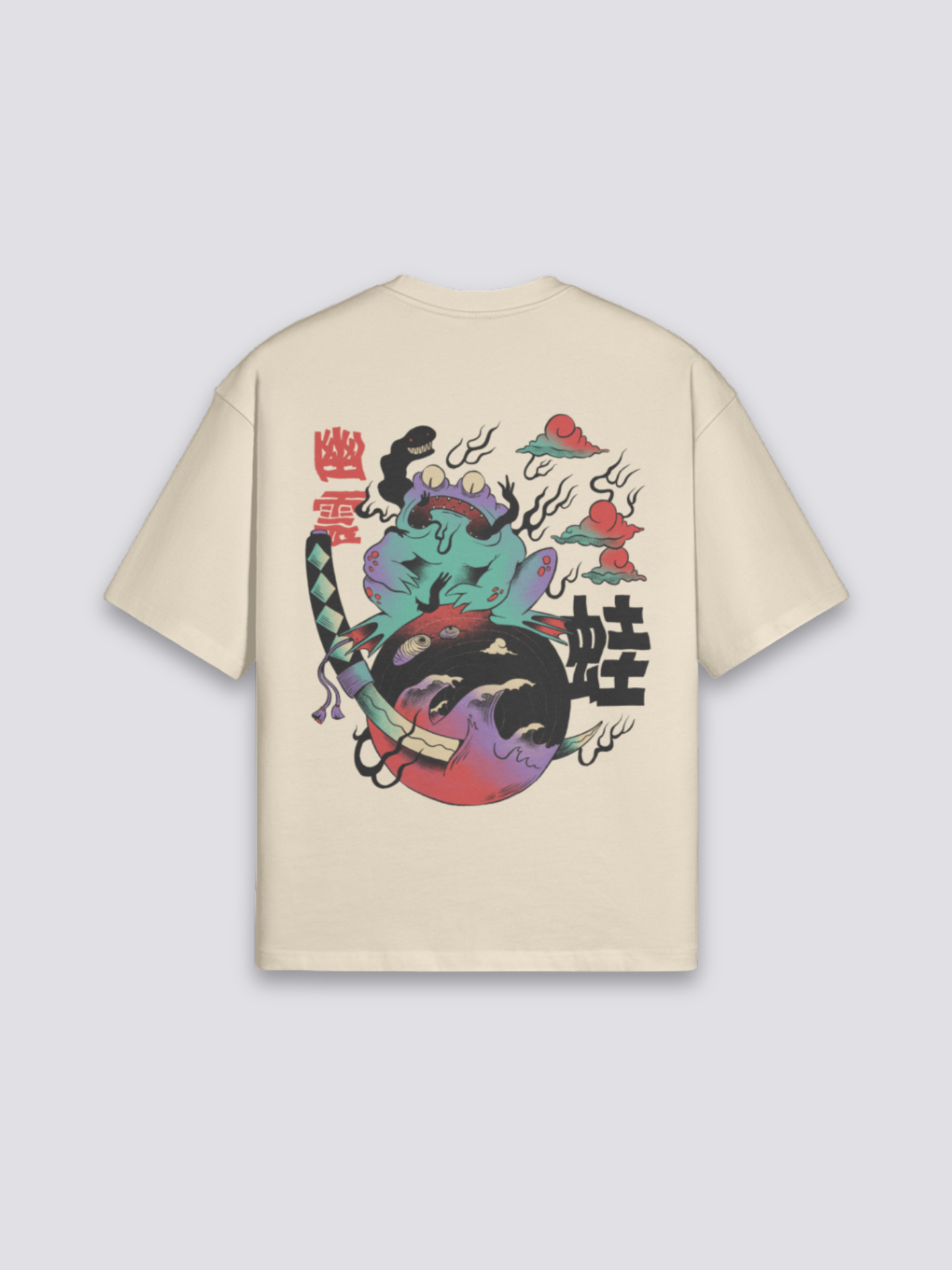 Retro-japanisches T-Shirt mit Samurai-Frosch am Katana, Vintage-Yokai-Druck, oversize Baumwolle, Detailansicht des Motivs
