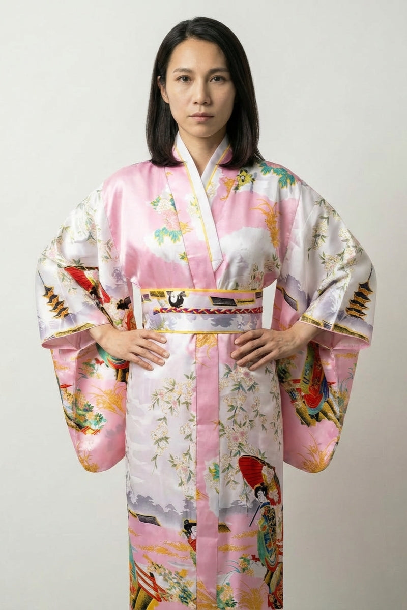 Rosa Japanischer Kimono für Damen 'Edoyume' – japanischer Damen-Kimono mit Obi, Ukiyo-e, Geishas und Pagoden, Vorderansicht