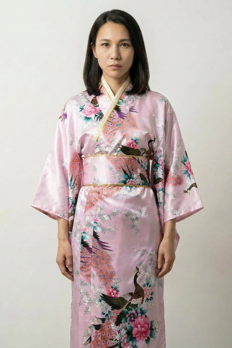 Rosa Pfauen-Kimono für Damen 'Hanami' – japanischer Damen-Kimono mit Obi, Pfau, Pfingstrosen und Sakura, Vorderansicht