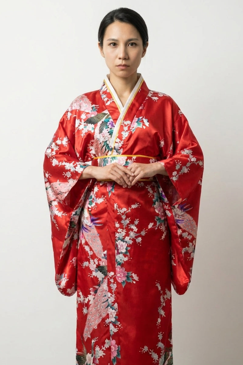 Roter Pfauen-Kimono 'Kurenai' – japanischer Damen-Kimono mit Obi, Pfau, Sakura und Pfingstrosen, Vorderansicht