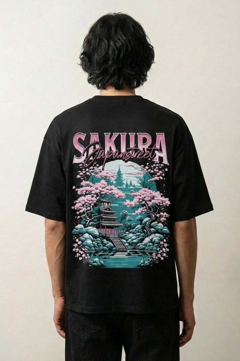 Sakura T-Shirt mit Kirschblüten und Pagode, japanischer Hanami-Druck, oversize Baumwolle, Vorderansicht