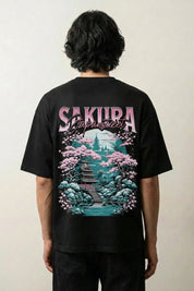 Sakura T-Shirt mit Kirschblüten und Pagode, japanischer Hanami-Druck, oversize Baumwolle, Vorderansicht