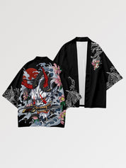 Samurai-Haori 'Takeshido Oni', Detailansicht des Rückenmotivs mit roter Oni-Maske und Kranichen