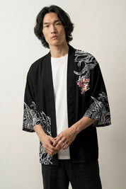 Samurai-Haori 'Takeshido Oni', offene Kimono-Jacke mit roter Oni-Maske und Kranichen, Rückenansicht