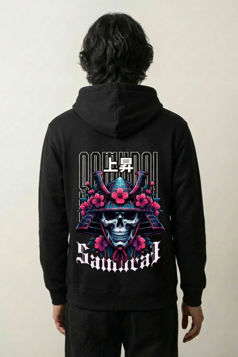 Samurai-Hoodie mit Skelett-Krieger und Kirschblüten, Rückenansicht des oversize Streetwear-Hoodies