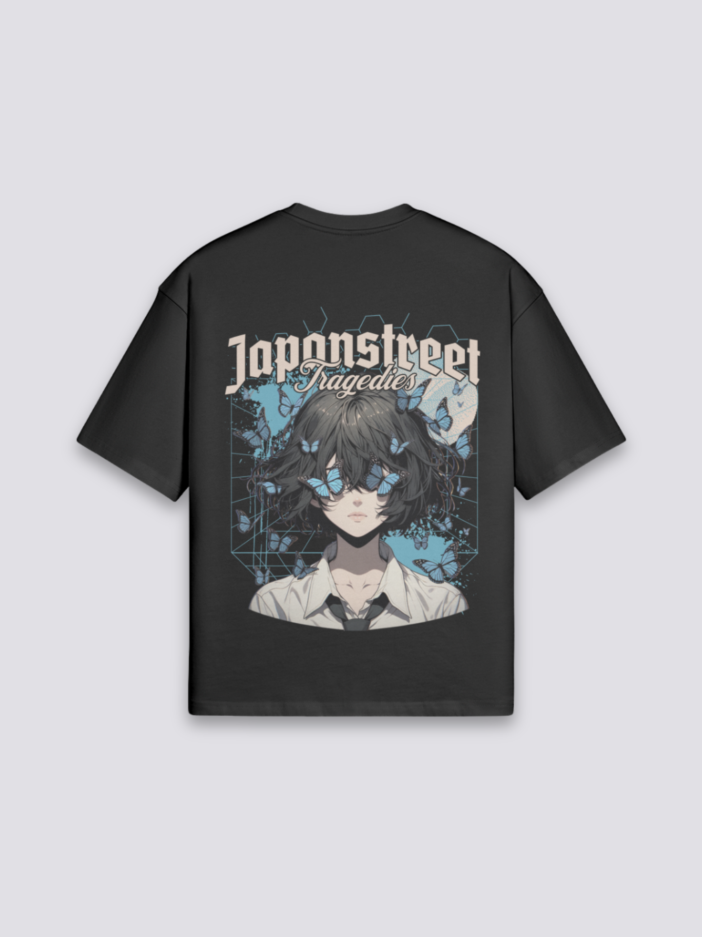 Schmetterling-T-Shirt mit dramatischem Porträt, Symbol der Verwandlung, oversize Baumwolle, Rückenansicht mit Rückendruck