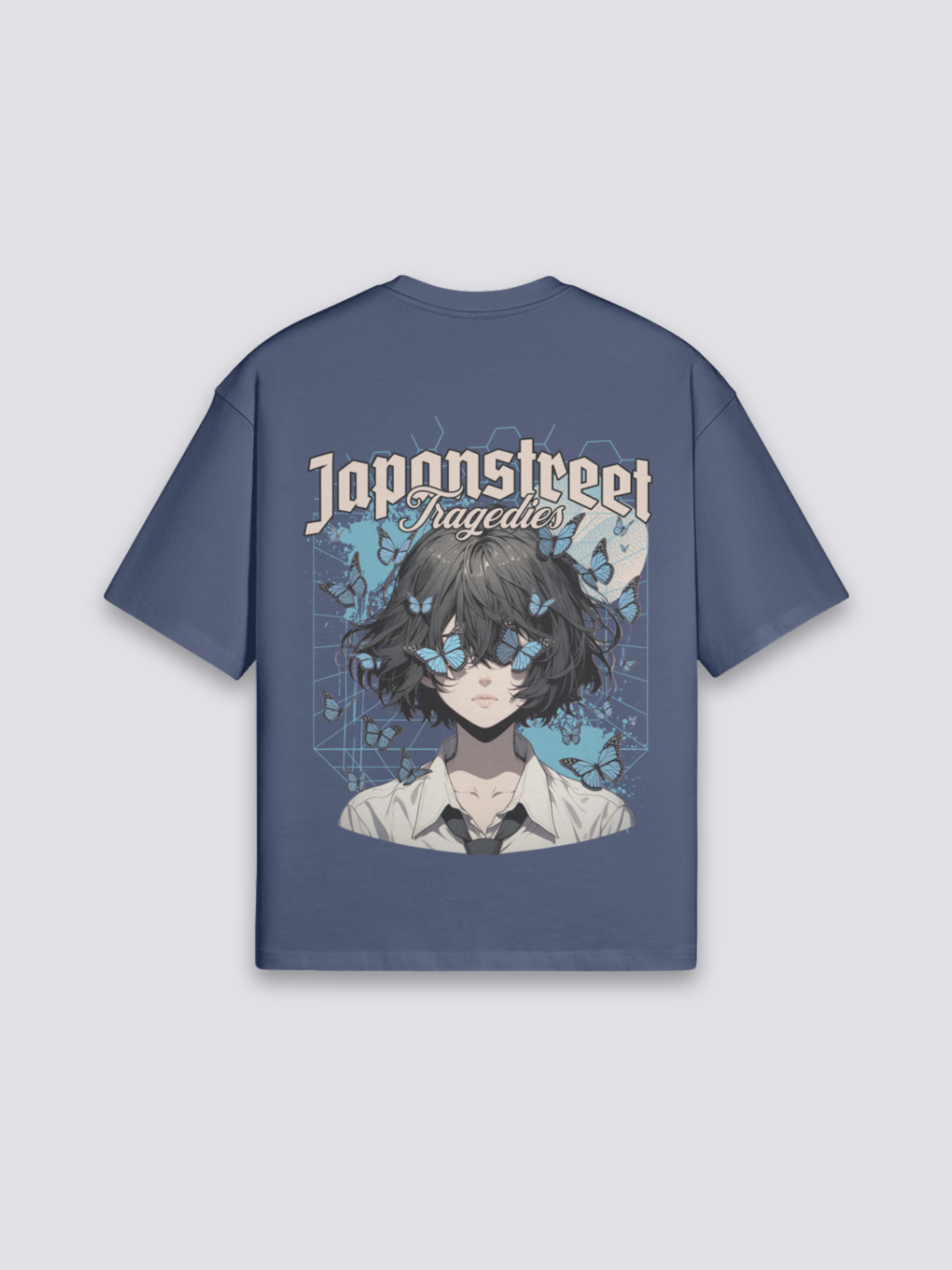 Schmetterling-T-Shirt mit dramatischem Porträt, Symbol der Verwandlung, oversize Baumwolle, Detailansicht des Motivs