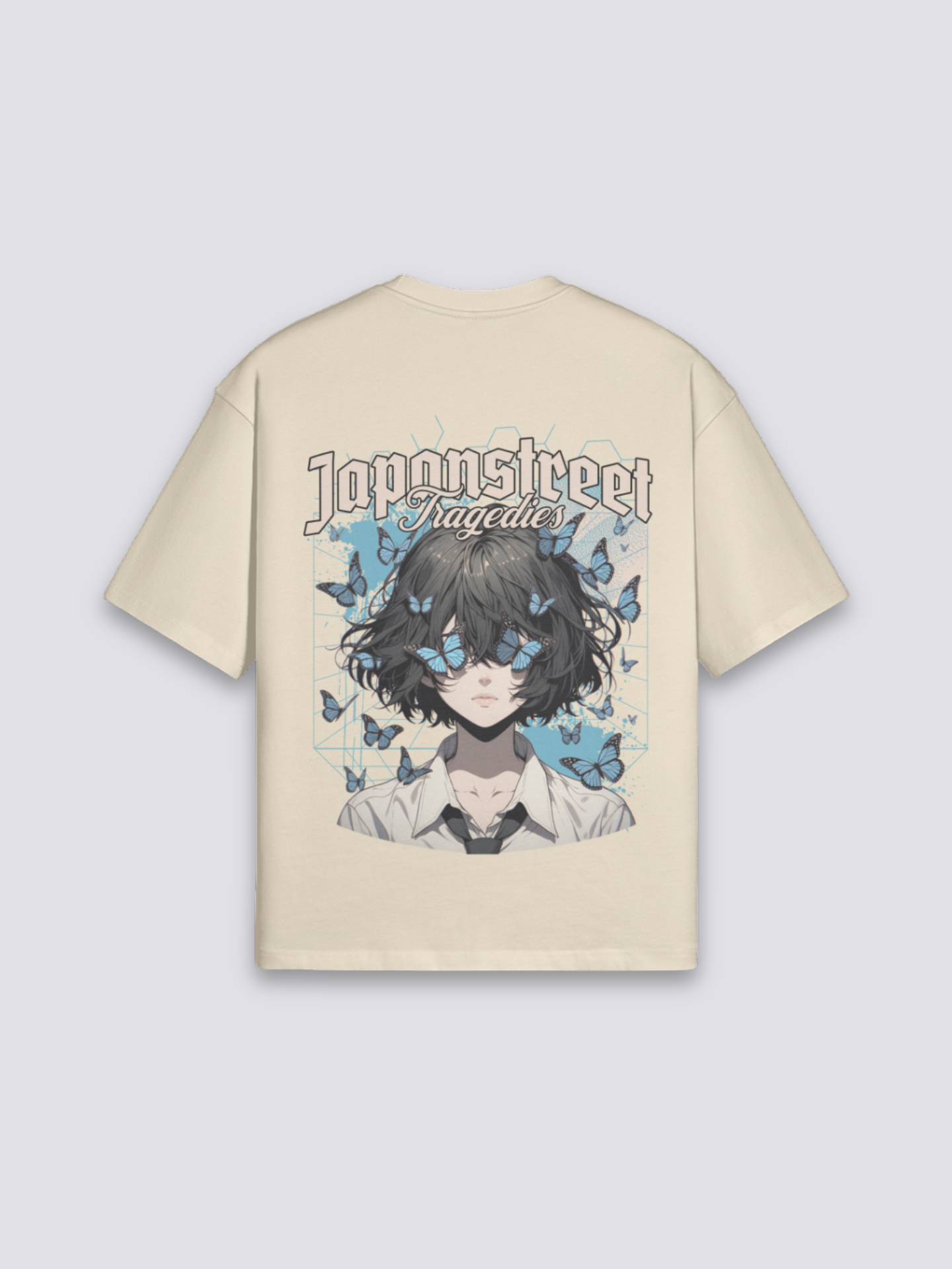 Schmetterling-T-Shirt mit dramatischem Porträt, Symbol der Verwandlung, oversize Baumwolle, seitliche Ansicht