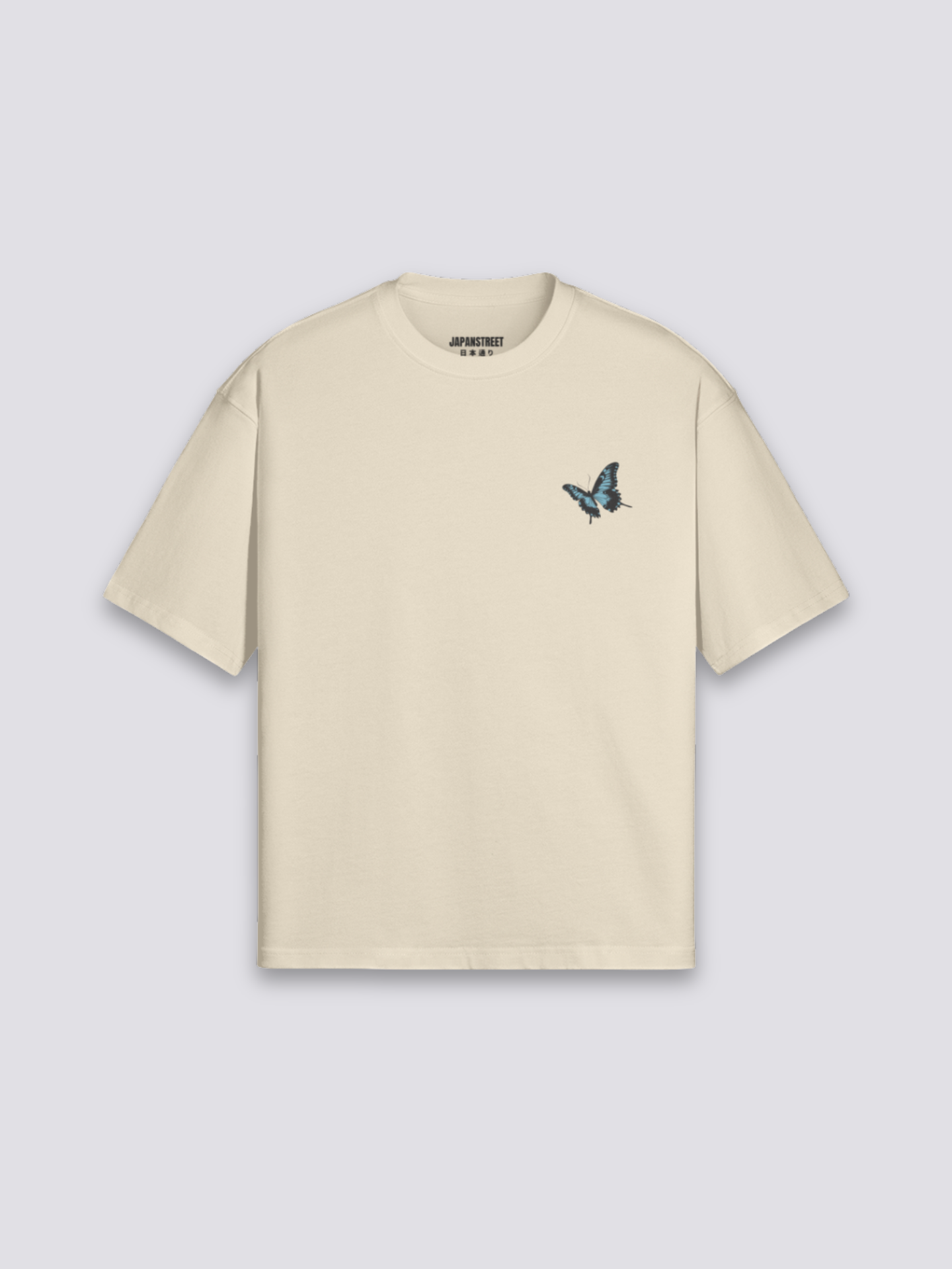 Schmetterling-T-Shirt mit dramatischem Porträt, Symbol der Verwandlung, oversize Baumwolle, Rückenansicht Farbvariante
